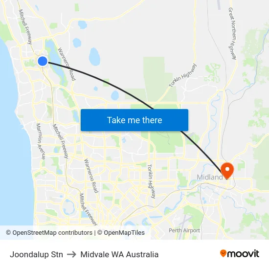 Joondalup Stn to Midvale WA Australia map