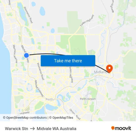 Warwick Stn to Midvale WA Australia map