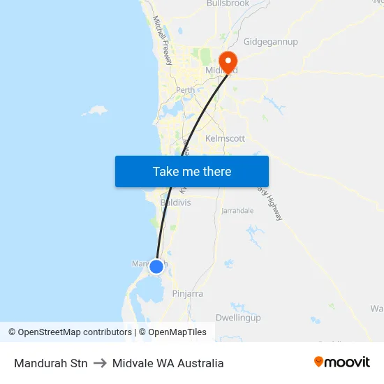 Mandurah Stn to Midvale WA Australia map