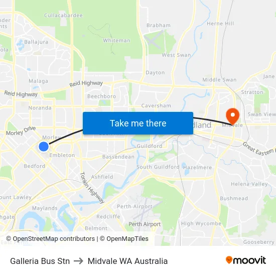 Galleria Bus Stn to Midvale WA Australia map