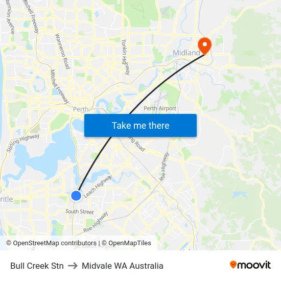 Bull Creek Stn to Midvale WA Australia map