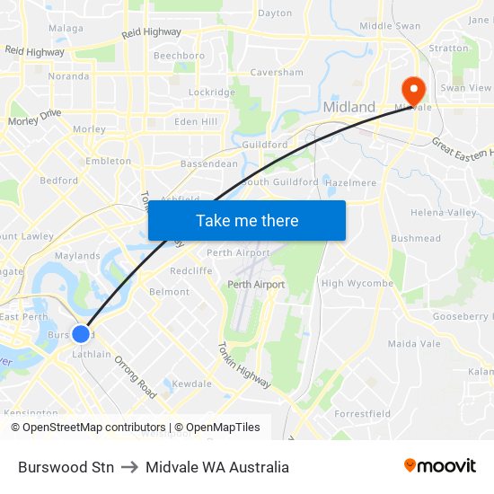 Burswood Stn to Midvale WA Australia map
