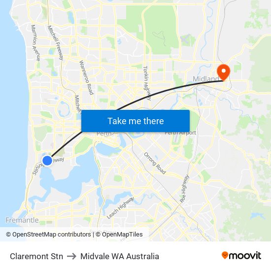 Claremont Stn to Midvale WA Australia map