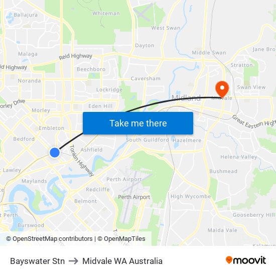 Bayswater Stn to Midvale WA Australia map