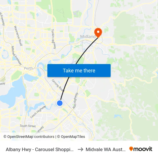 Albany Hwy - Carousel Shopping Ctr to Midvale WA Australia map
