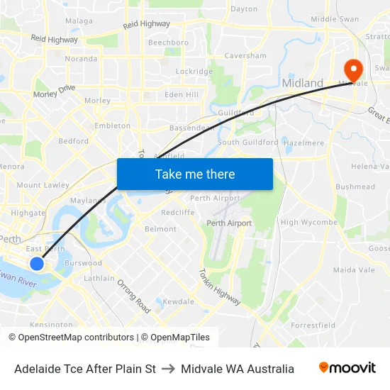 Adelaide Tce After Plain St to Midvale WA Australia map