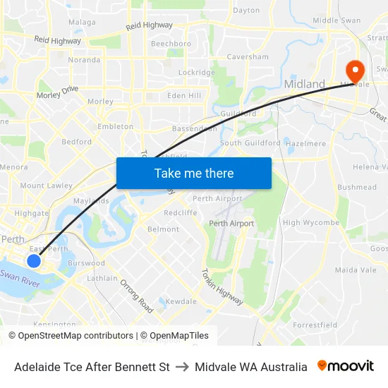 Adelaide Tce After Bennett St to Midvale WA Australia map