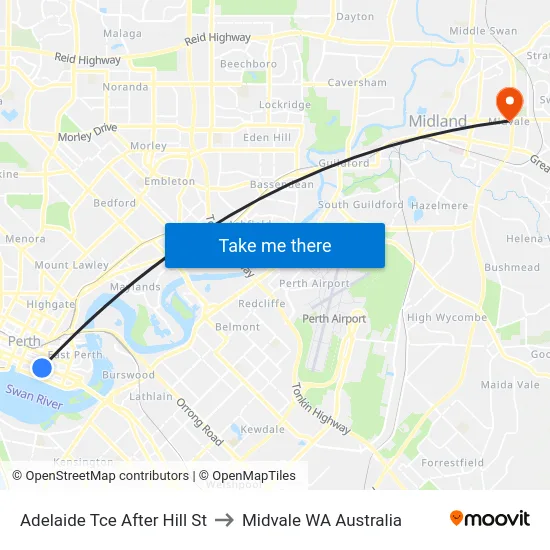 Adelaide Tce After Hill St to Midvale WA Australia map