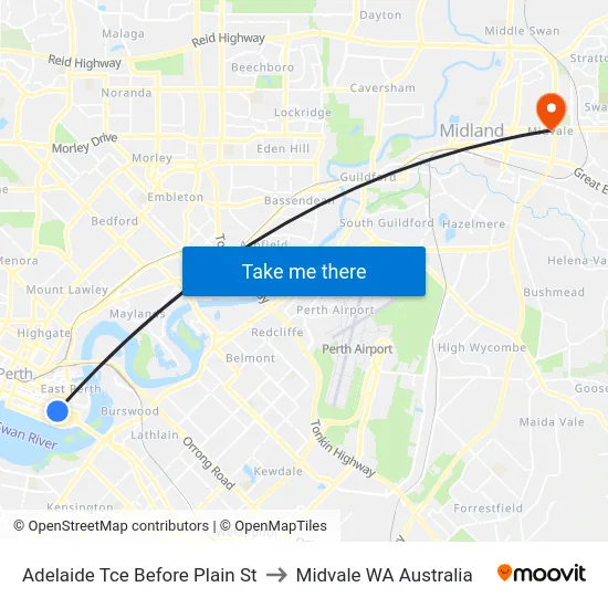 Adelaide Tce Before Plain St to Midvale WA Australia map