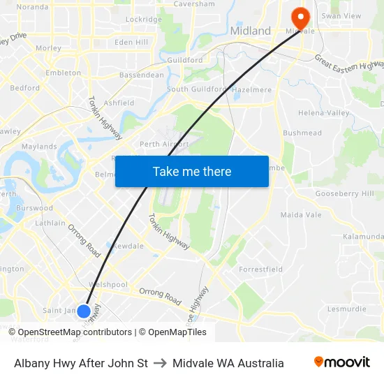 Albany Hwy After John St to Midvale WA Australia map