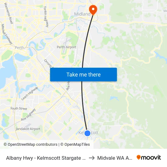 Albany Hwy - Kelmscott Stargate Shopping Ctr to Midvale WA Australia map