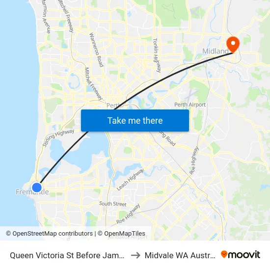 Queen Victoria St Before James St to Midvale WA Australia map