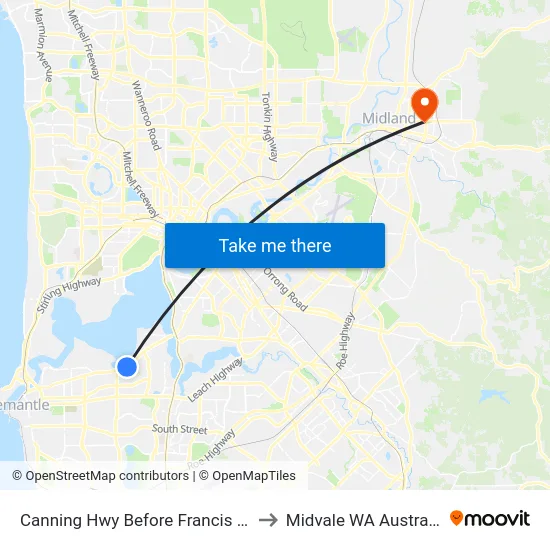 Canning Hwy Before Francis Rd to Midvale WA Australia map