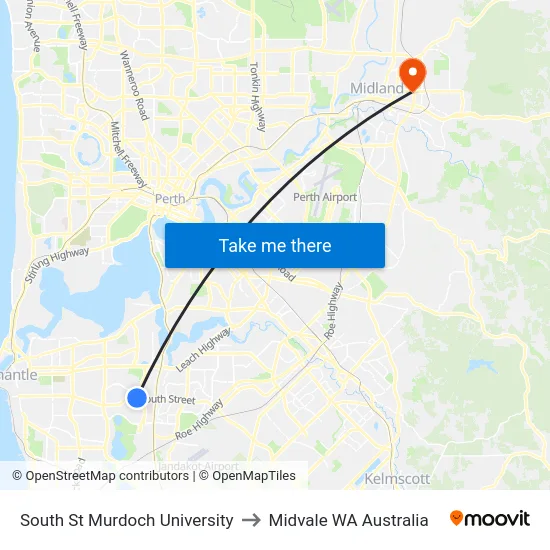 South St Murdoch University to Midvale WA Australia map