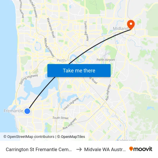 Carrington St Fremantle Cemetery to Midvale WA Australia map