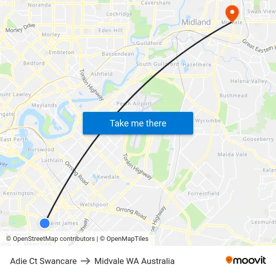 Adie Ct Swancare to Midvale WA Australia map