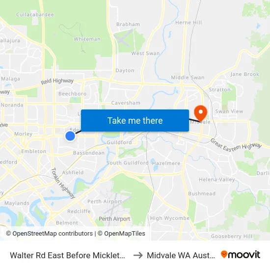 Walter Rd East Before Mickleton Tce to Midvale WA Australia map
