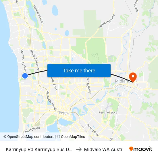 Karrinyup Rd Karrinyup Bus Depot to Midvale WA Australia map