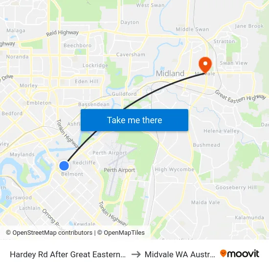 Hardey Rd After Great Eastern Hwy to Midvale WA Australia map