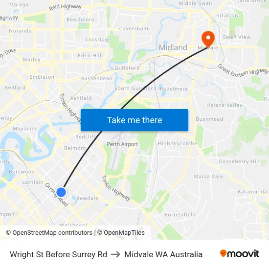 Wright St Before Surrey Rd to Midvale WA Australia map