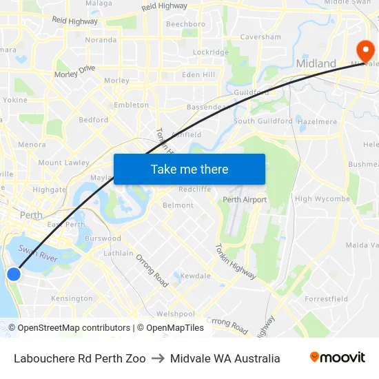 Labouchere Rd Perth Zoo to Midvale WA Australia map