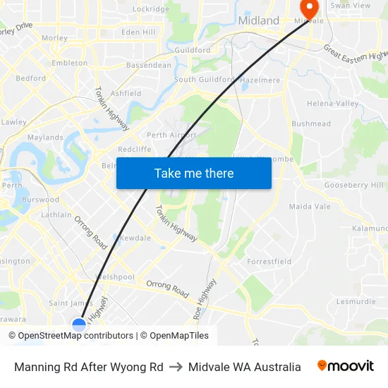 Manning Rd After Wyong Rd to Midvale WA Australia map