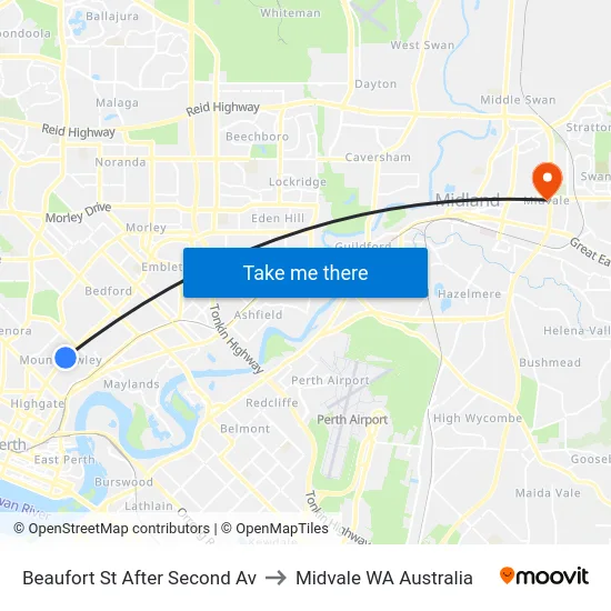 Beaufort St After Second Av to Midvale WA Australia map