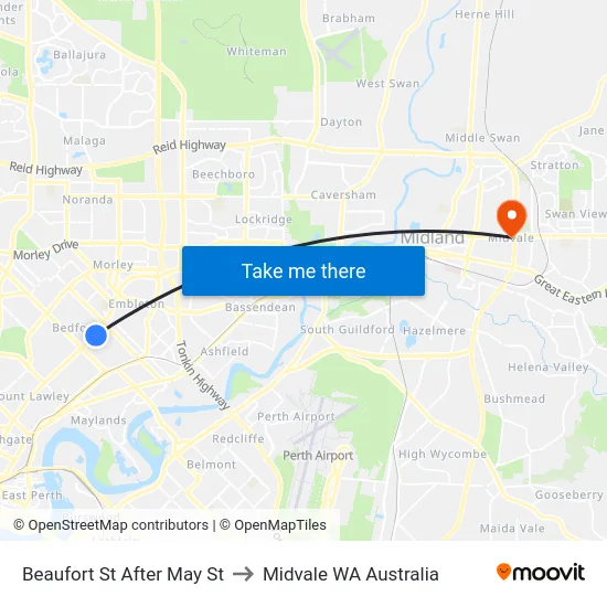 Beaufort St After May St to Midvale WA Australia map