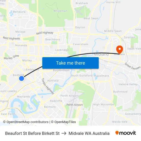 Beaufort St Before Birkett St to Midvale WA Australia map