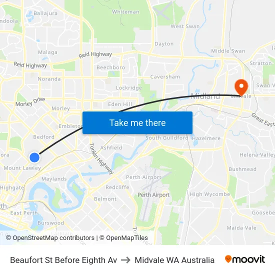 Beaufort St Before Eighth Av to Midvale WA Australia map