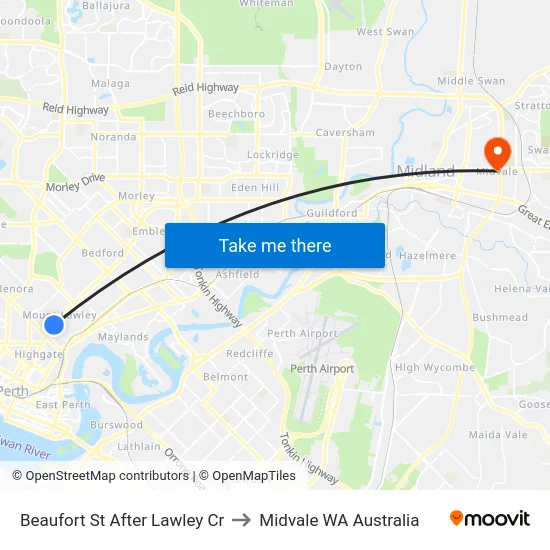 Beaufort St After Lawley Cr to Midvale WA Australia map