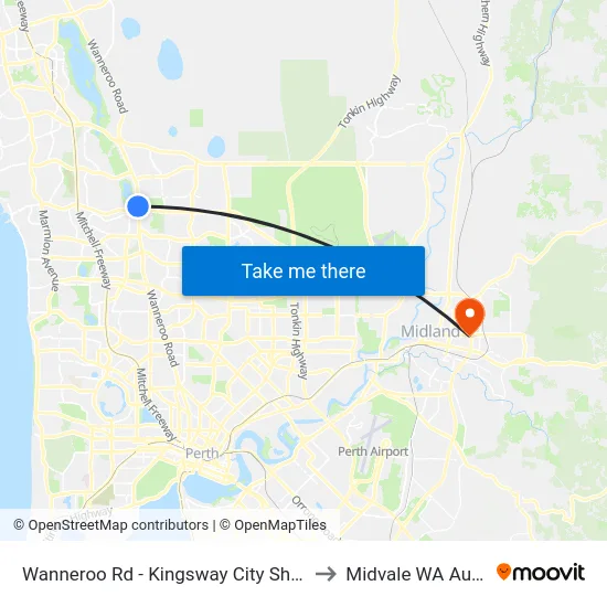 Wanneroo Rd - Kingsway City Shopping Ctr to Midvale WA Australia map