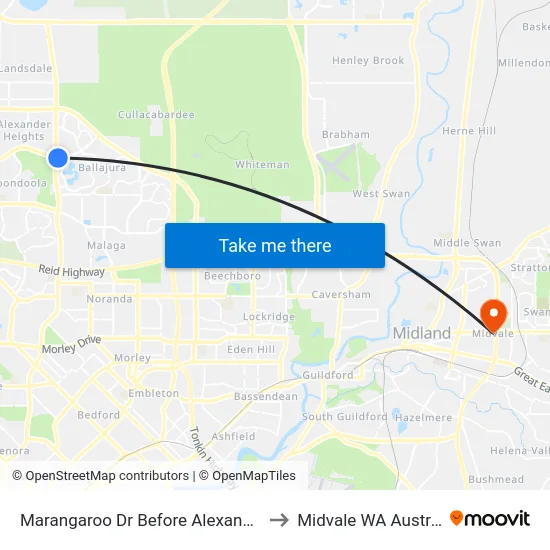 Marangaroo Dr Before Alexander Dr to Midvale WA Australia map