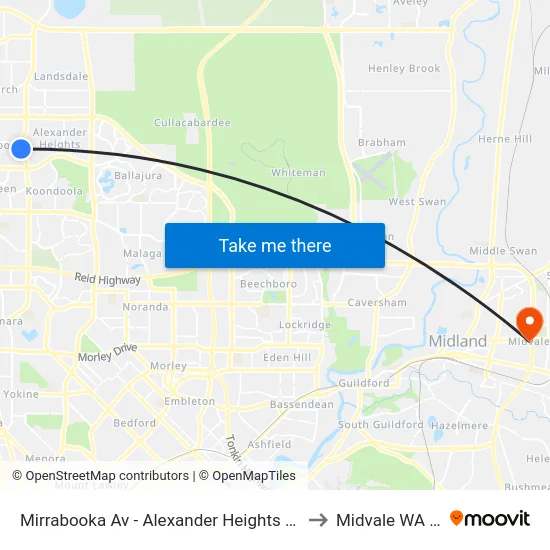 Mirrabooka Av - Alexander Heights Shopping Ctr Stand 2 to Midvale WA Australia map