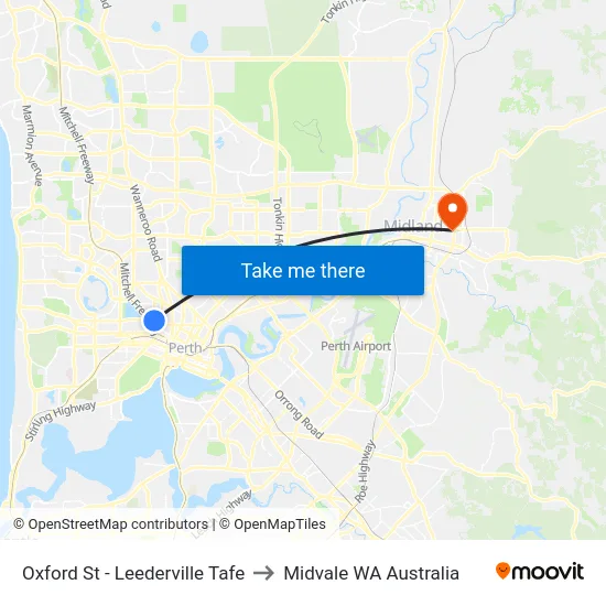 Oxford St - Leederville Tafe to Midvale WA Australia map
