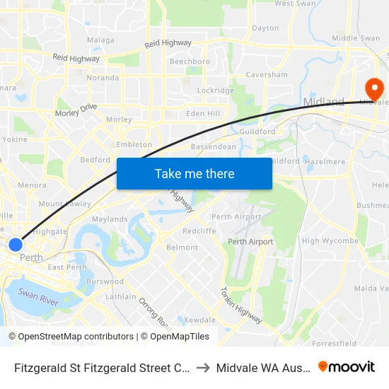 Fitzgerald St Fitzgerald Street Cat Id 13 to Midvale WA Australia map