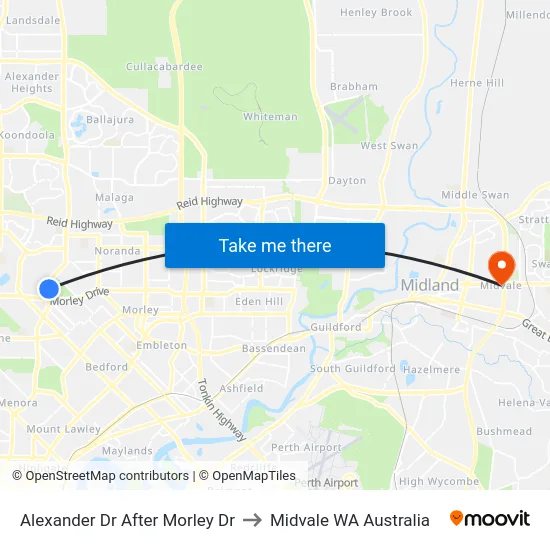 Alexander Dr After Morley Dr to Midvale WA Australia map