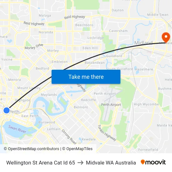 Wellington St Arena Cat Id 65 to Midvale WA Australia map