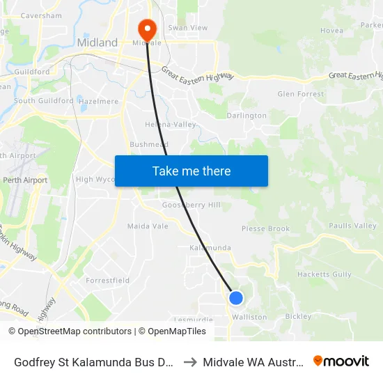 Godfrey St Kalamunda Bus Depot to Midvale WA Australia map