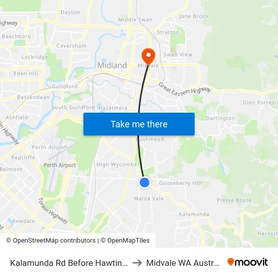 Kalamunda Rd Before Hawtin Rd to Midvale WA Australia map
