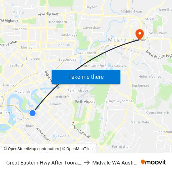 Great Eastern Hwy After Toorak Rd to Midvale WA Australia map