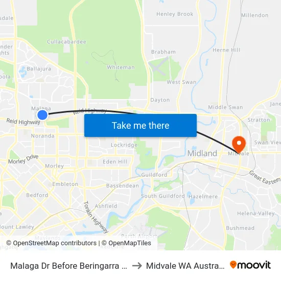 Malaga Dr Before Beringarra Av to Midvale WA Australia map