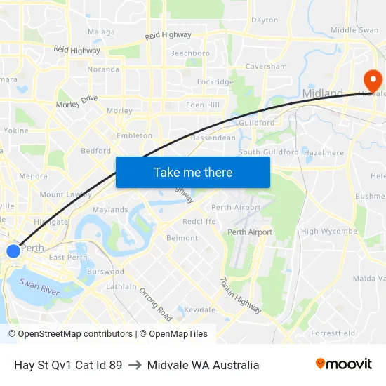 Hay St Qv1 Cat Id 89 to Midvale WA Australia map