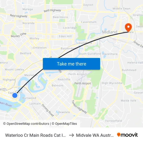Waterloo Cr Main Roads Cat Id 73 to Midvale WA Australia map