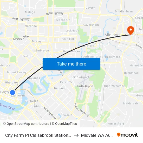 City Farm Pl Claisebrook Station Cat Id 45 to Midvale WA Australia map