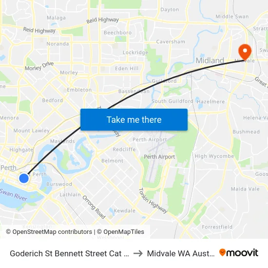 Goderich St Bennett Street Cat Id 103 to Midvale WA Australia map