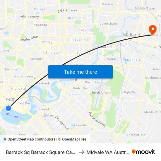 Barrack Sq Barrack Square Cat Id 2 to Midvale WA Australia map