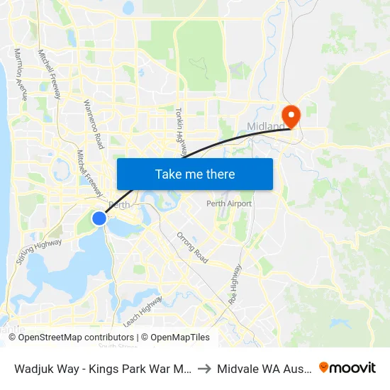 Wadjuk Way - Kings Park War Memorial to Midvale WA Australia map