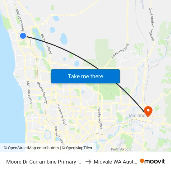 Moore Dr Currambine Primary School to Midvale WA Australia map