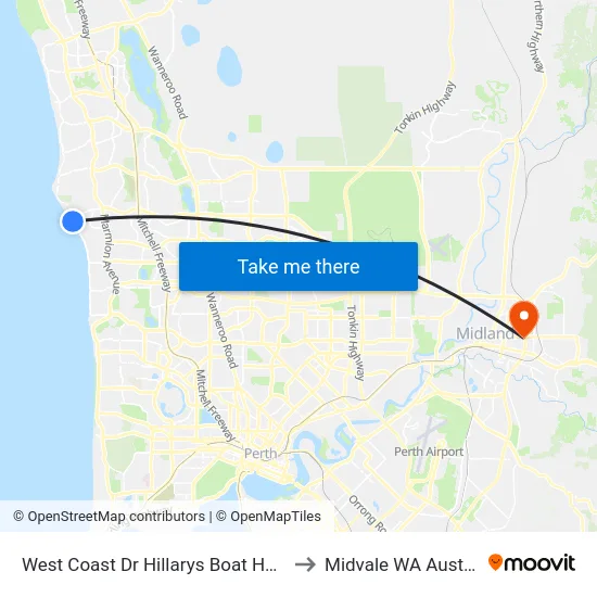 West Coast Dr Hillarys Boat Harbour to Midvale WA Australia map